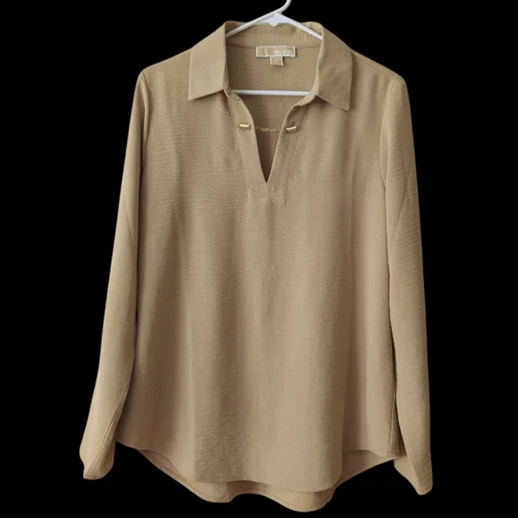 Michael Michael Kors Chain Accent Collared V-Neck Long Sleeve Blouse LARGE Tan - Picture 4 of 16